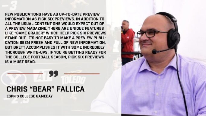 “Pick Six Previews is a MUST READ” - College Gameday’s <a href="/chrisfallica/">Chris Fallica</a> 

Thanks Bear, and thanks to all the great feedback nationwide

📝 2020 Season Preview is on sale now.   See sample teams, testimonials, and more:  picksixpreviews.com/2020-season-pr…