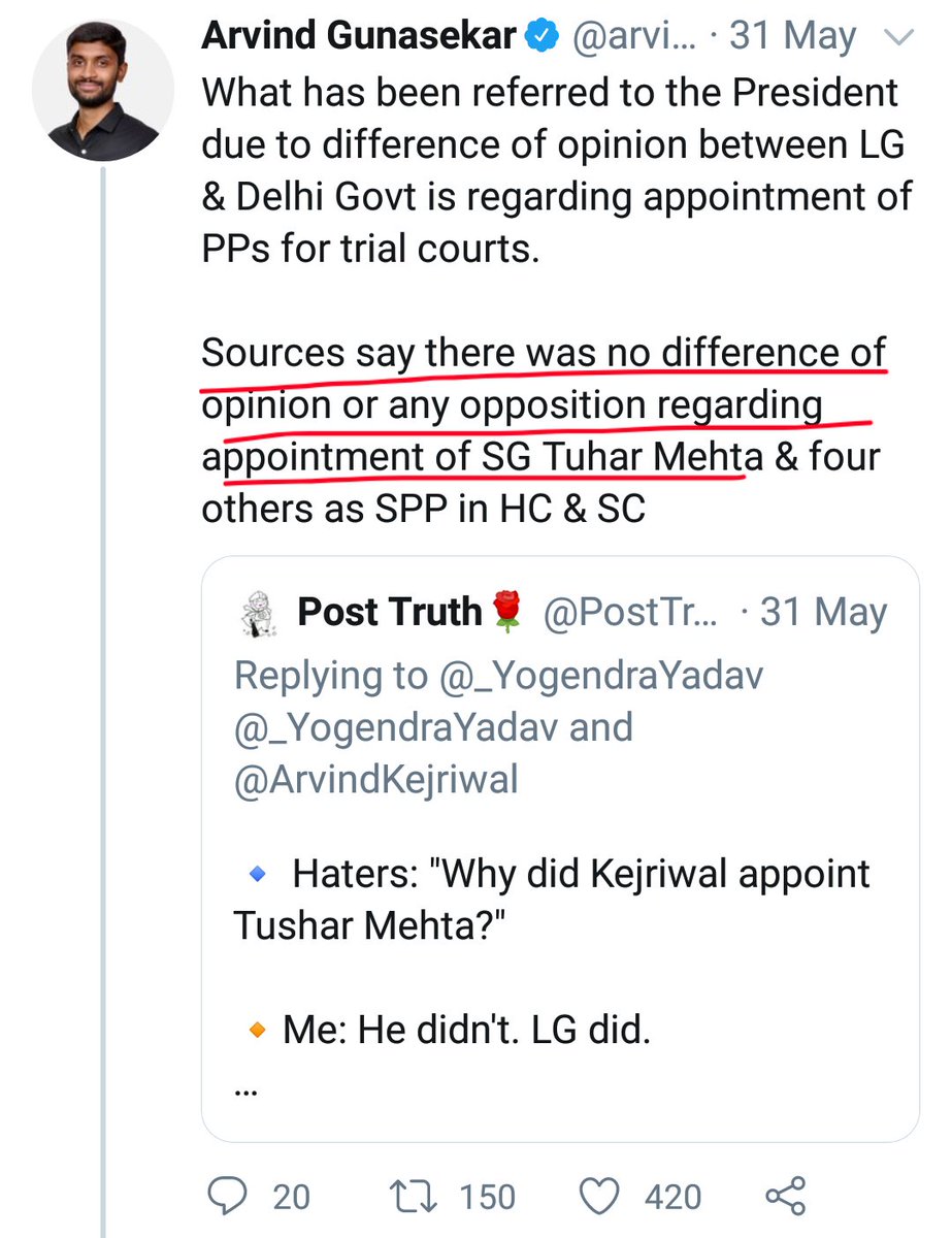 Claim: AAP appointed Tushar Mehta & BETRAYED Student ActivistsFACT: This FAKE NEWS from "Sources" was shared by many so-called Liberals too, when infact LG+BJP is to be blamedAAP through their Standing Counsel  @TheRahulMehra is constantly fighting FOR Protecting the Activists