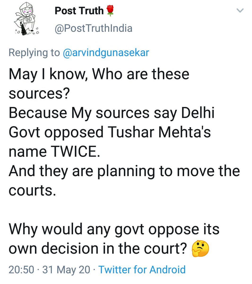 Claim: AAP appointed Tushar Mehta & BETRAYED Student ActivistsFACT: This FAKE NEWS from "Sources" was shared by many so-called Liberals too, when infact LG+BJP is to be blamedAAP through their Standing Counsel  @TheRahulMehra is constantly fighting FOR Protecting the Activists