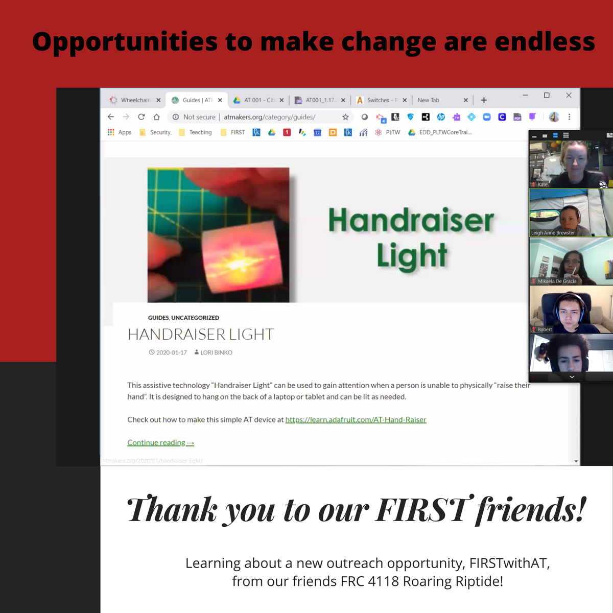 This past week, our team had the pleasure of learning about some potential outreach opportunities that can have a big impact on the community! Thanks, @firstteam1939 and <a href="/FRCRiptide4118/">Roaring Riptide: FRC Team 4118</a> for sharing with us! We look forward to getting started!