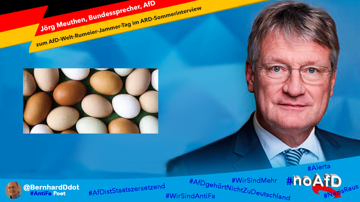 #Tagesschau #Sommerinterview <a href="/DasErste/">Das Erste</a> #Meuthen #noafd 

Heute, 18:05 in der ARD, Sommerinterview mit Jörg Meuthen.

„So geht rumeiern und jammern, wenn die Themen nicht genehm sind.“

Auch wenn ich denke, man hätte ihn härter anfassen können, so ist der Ausblick doch ganz nett.