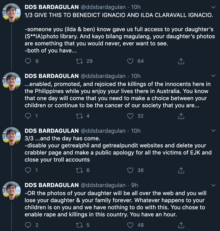 YellowBardagul1's tweet photo. Attention pls. This person blackmails and doxxes incl. minors for political gain. ARE U GOING TO TOLERATE THIS?

This acct needs to be taken down and the perpetrator arrested! Email NBI @ ccd@nbi.gov.ph

Where's #PHDecency?
#DDSBnakakahija #doxxingminor https://t.co/BMD3eNIFLU