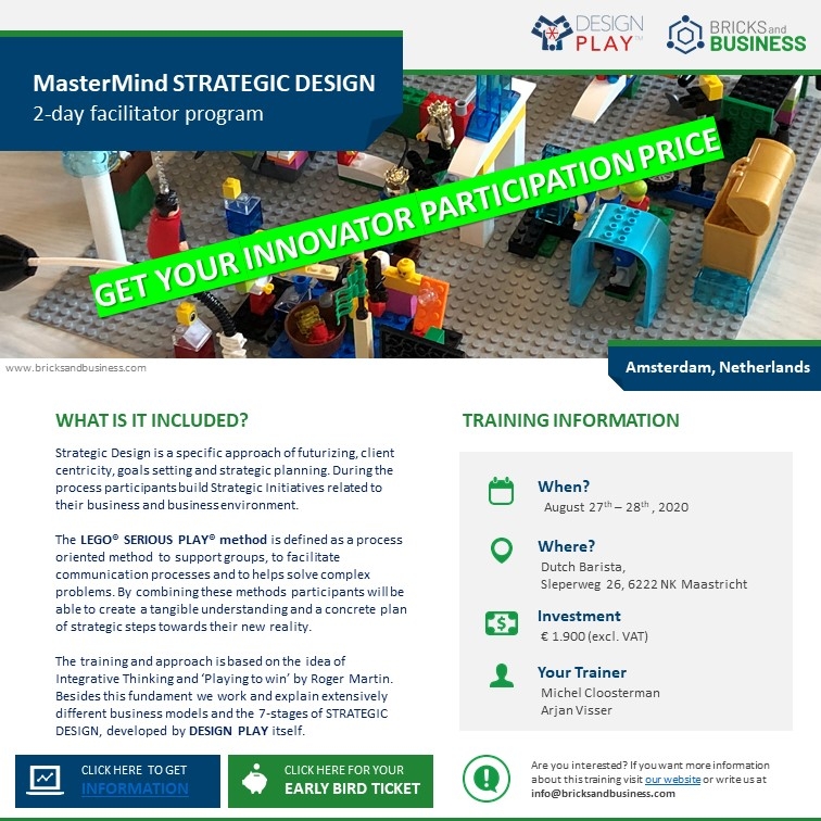 MichelCloosterm's tweet photo. Make a #Strategy tangible through #LEGOSERIOUSPLAY. Build upon the insights from "Creating Great Choices" and Integrative Thinking. Make that Great Choice and sign up: info@bricksandbusiness.com. @ArjanVisser #Bricksandbusiness #LEGOSERIOUSPLPAY #Maastricht #DesignPlay https://t.co/cP69CkbsfH