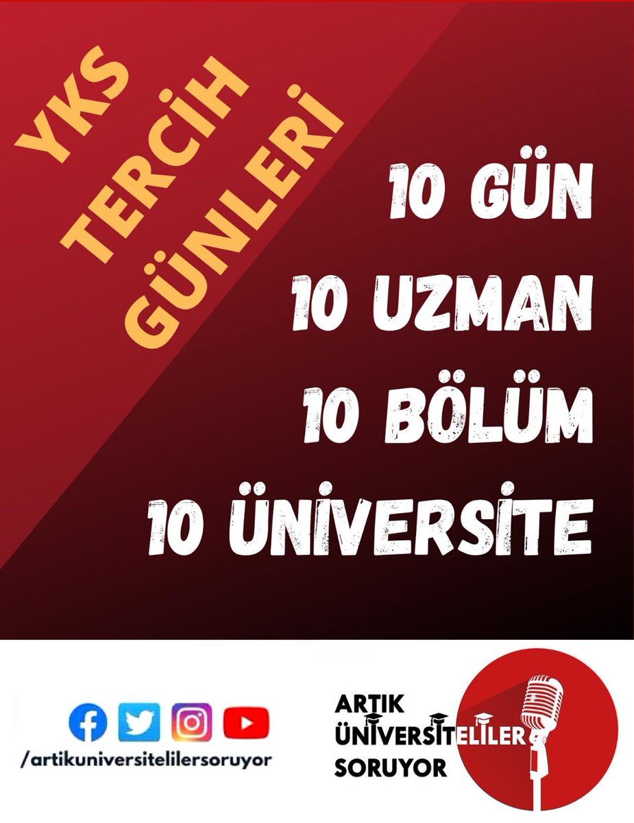 Artık Üniversiteliler Soruyor (@artikunisoruyor) on Twitter photo YKS sonuçlarının açıklanmasına geri sayım yaparken lisedeki kardeşlerimiz için özel bir program ile karşınızdayız. Bu kez 10 günde, 10 farklı bölüm ve üniversiteden konusunda uzman 10 akademisyen’e sorularınızı soruyoruz, onlar sizler için cevaplıyorlar. YKS TERCİH GÜNLERİ için. YKS sonuçlarının açıklanmasına geri sayım yaparken lisedeki kardeşlerimiz için özel bir program ile karşınızdayız. Bu kez 10 günde, 10 farklı bölüm ve üniversiteden konusunda uzman 10 akademisyen’e sorularınızı soruyoruz, onlar sizler için cevaplıyorlar. YKS TERCİH GÜNLERİ için.