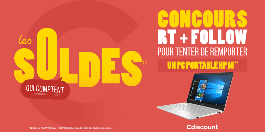 🎁 #Concours #CdiscountSoldes 🔥 On vous fait gagner un PC portable HP 15'' : bit.ly/3j3EXuh Pour tenter de la remporter : 🔸 RT ce tweet 🔹 Follow @Cdiscount ⏰ TAS 23/07