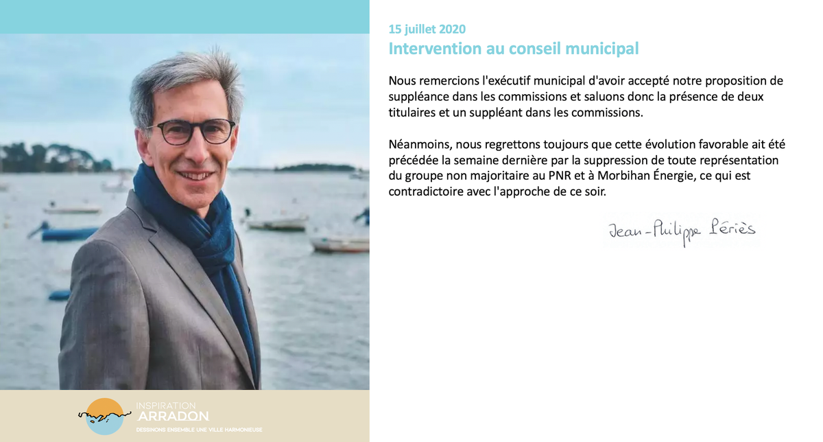 JeanPhilPeries's tweet photo. [#Arradon] Notre intervention lors du conseil municipal d'Arradon du 15 juillet 2020, en rapport avec le #PNR #MorbihanEnergie [cliquez sur l'image pour agrandir] https://t.co/Sj3omfpQms