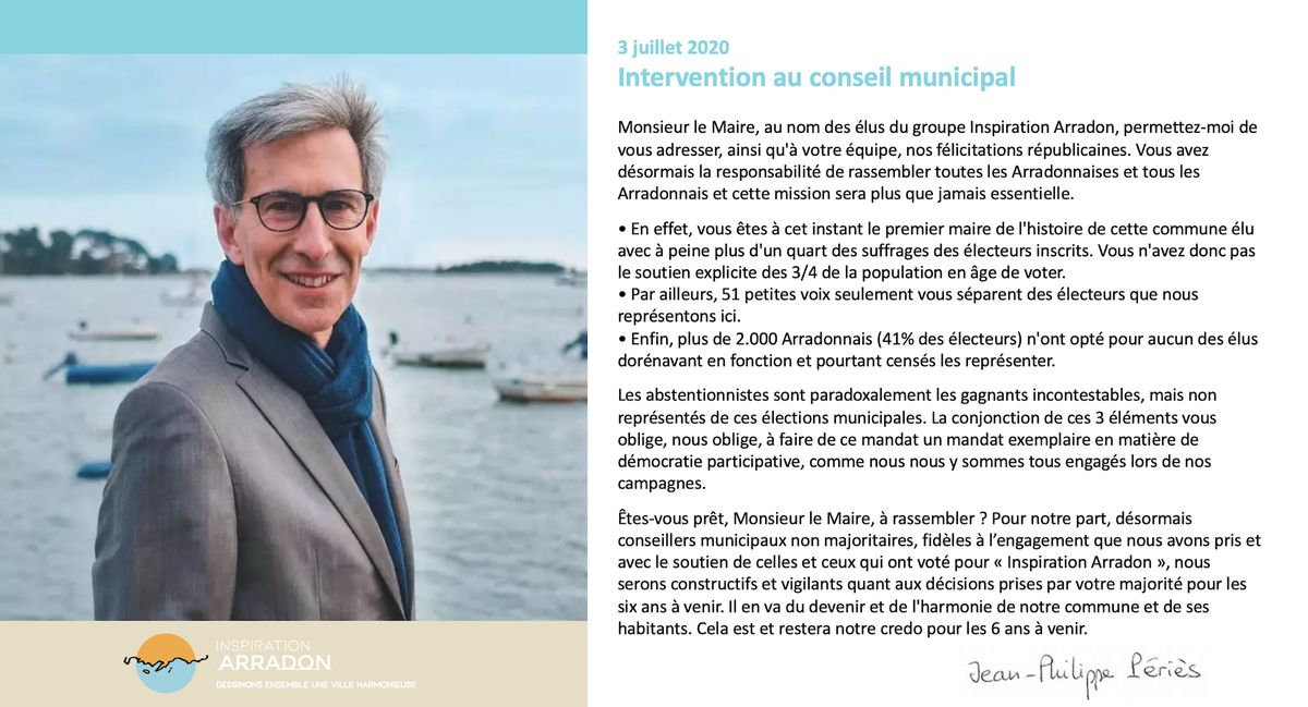 InspirationArr1's tweet photo. [#Arradon] L'intervention de @JeanPhilPeries pour #InspirationArradon lors du premier conseil municipal d'Arradon le 3 juillet 2020 [cliquez sur l'image pour agrandir] #municipales2020 https://t.co/PRDePVddQb