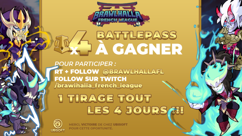 BrawlhallaFL's tweet photo. Hi everyone today we'll be giving away 4 battle passes for the community. 
To join the giveaway you just have to : 
- Follow + RT 
- Follow our Twitch. 
We'll pick a winner every 4 days and one of them will be picked on our Twitch. 
#Giveaway #Brawlhallagiveaway #Brawlhalla https://t.co/EQ04hFO94b