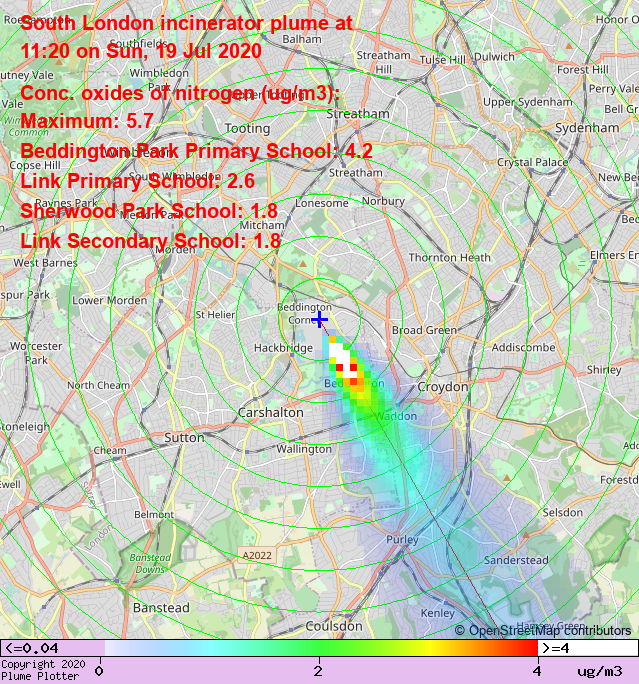plumeplotter's tweet photo. Latest South London incinerator plume plot, 11:20 19/07/20 #Beddington #Roundshaw #RiddlesdownCollegiate https://t.co/9QCP4YSQMB https://t.co/BZkUElE5z1