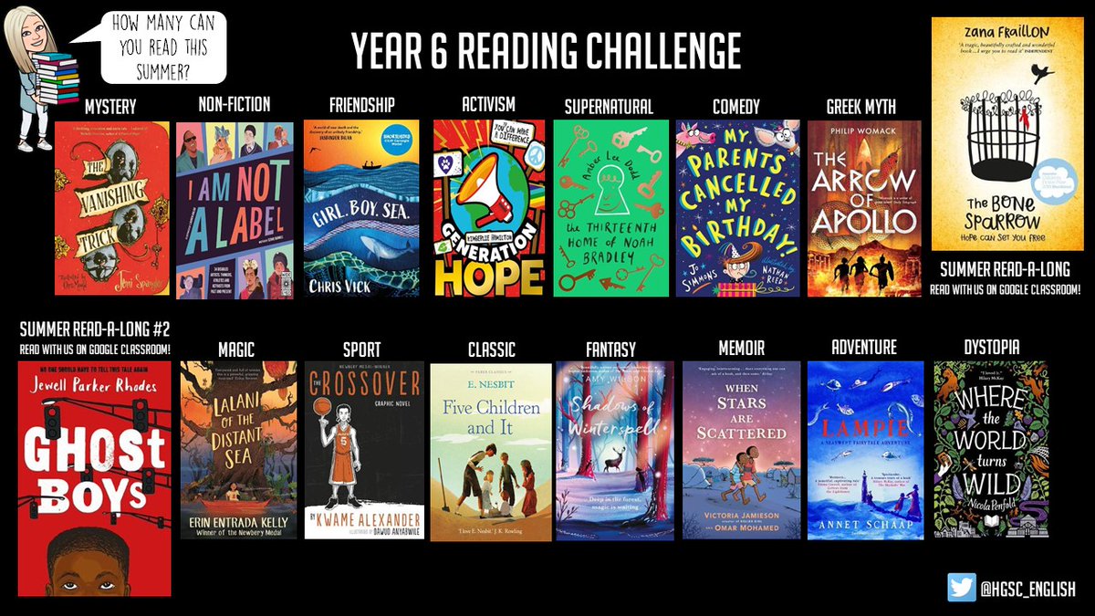 HGSA_English's tweet photo. 📚We'd hate for you to run out of books to read over the summer so here is our KS3 Reading Challenge! 📚Don't forget that the summer read-a-long starts tomorrow!🥳 #TeamHeanor https://t.co/7mnFqu7B5p