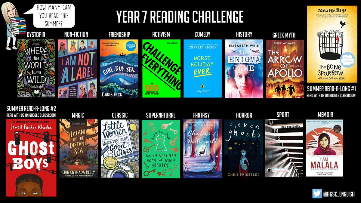 HGSA_English's tweet photo. 📚We'd hate for you to run out of books to read over the summer so here is our KS3 Reading Challenge! 📚Don't forget that the summer read-a-long starts tomorrow!🥳 #TeamHeanor https://t.co/7mnFqu7B5p