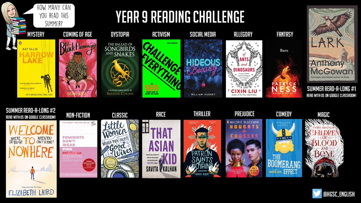 HGSA_English's tweet photo. 📚We'd hate for you to run out of books to read over the summer so here is our KS3 Reading Challenge! 📚Don't forget that the summer read-a-long starts tomorrow!🥳 #TeamHeanor https://t.co/7mnFqu7B5p