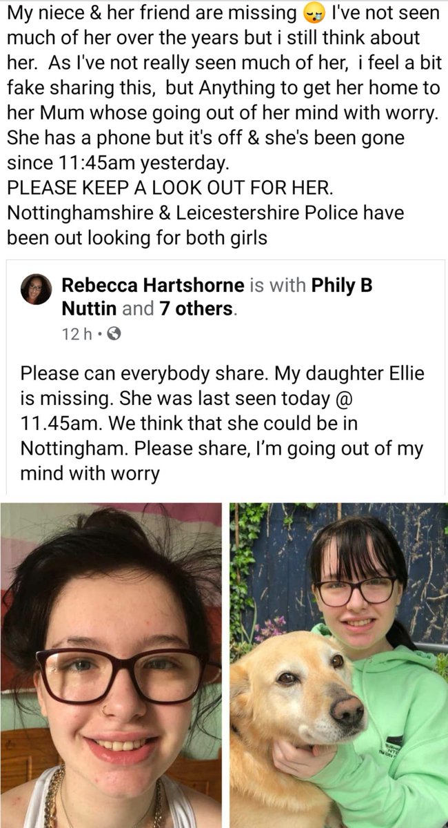 SamLDerry's tweet photo. Could everyone please keep their eye out. They're believed to either be in Leicester or Nottingham. 
Leicestershire &amp; Nottinghamshire Police have been out looking for both girls.  
Ellie has a phone but it's switched off https://t.co/OhWsd0lgXd