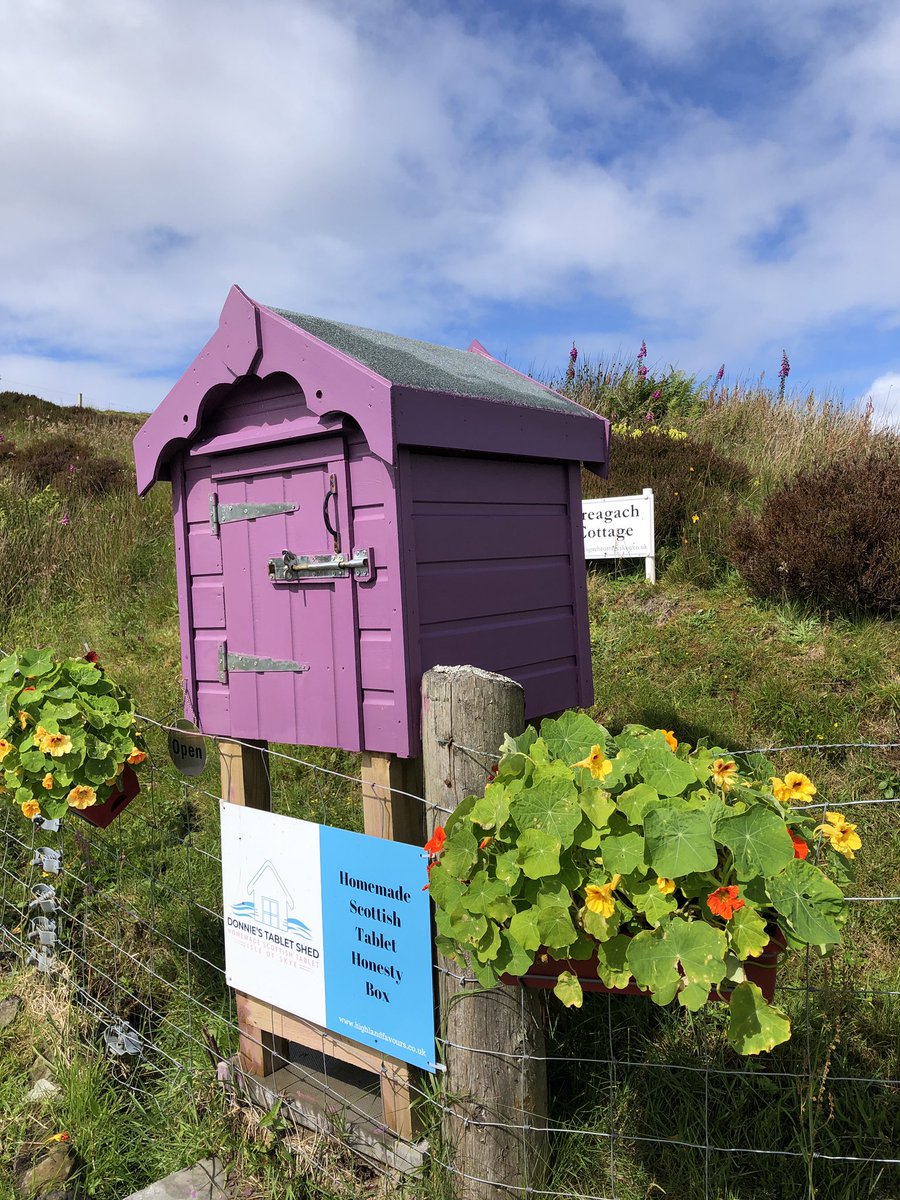 ScottishTablet's tweet photo. Donnie’s wee Scottish Tablet Shed at the gate is filled daily with a selection of tablet bags and bars. If you are making a special trip message your order and we will have it ready for you. #skye #isleofskye #waternish #scottishtablet online too at https://t.co/ZfgUPgkgtC https://t.co/c5Vd72xJCi