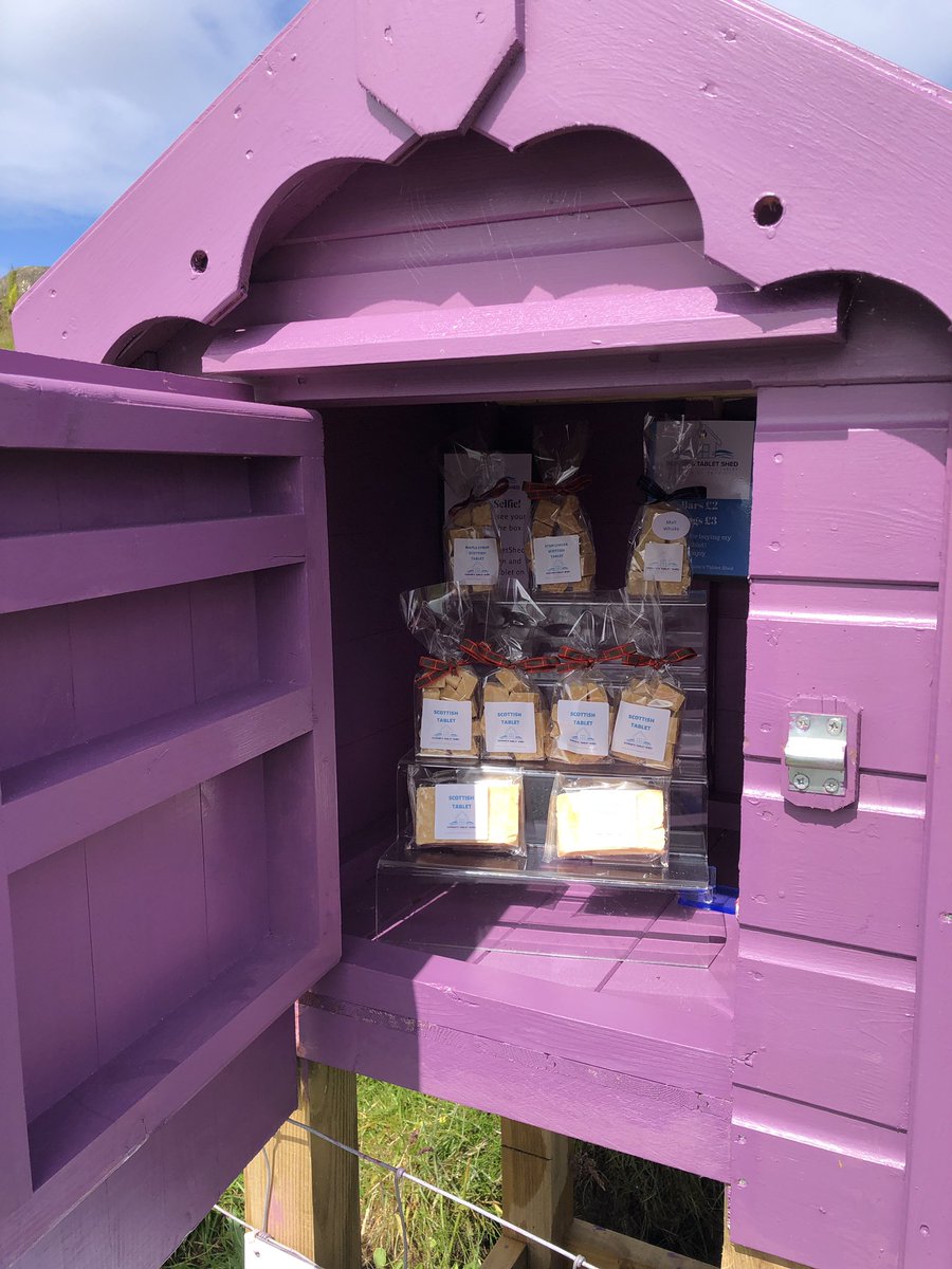 ScottishTablet's tweet photo. Donnie’s wee Scottish Tablet Shed at the gate is filled daily with a selection of tablet bags and bars. If you are making a special trip message your order and we will have it ready for you. #skye #isleofskye #waternish #scottishtablet online too at https://t.co/ZfgUPgkgtC https://t.co/c5Vd72xJCi