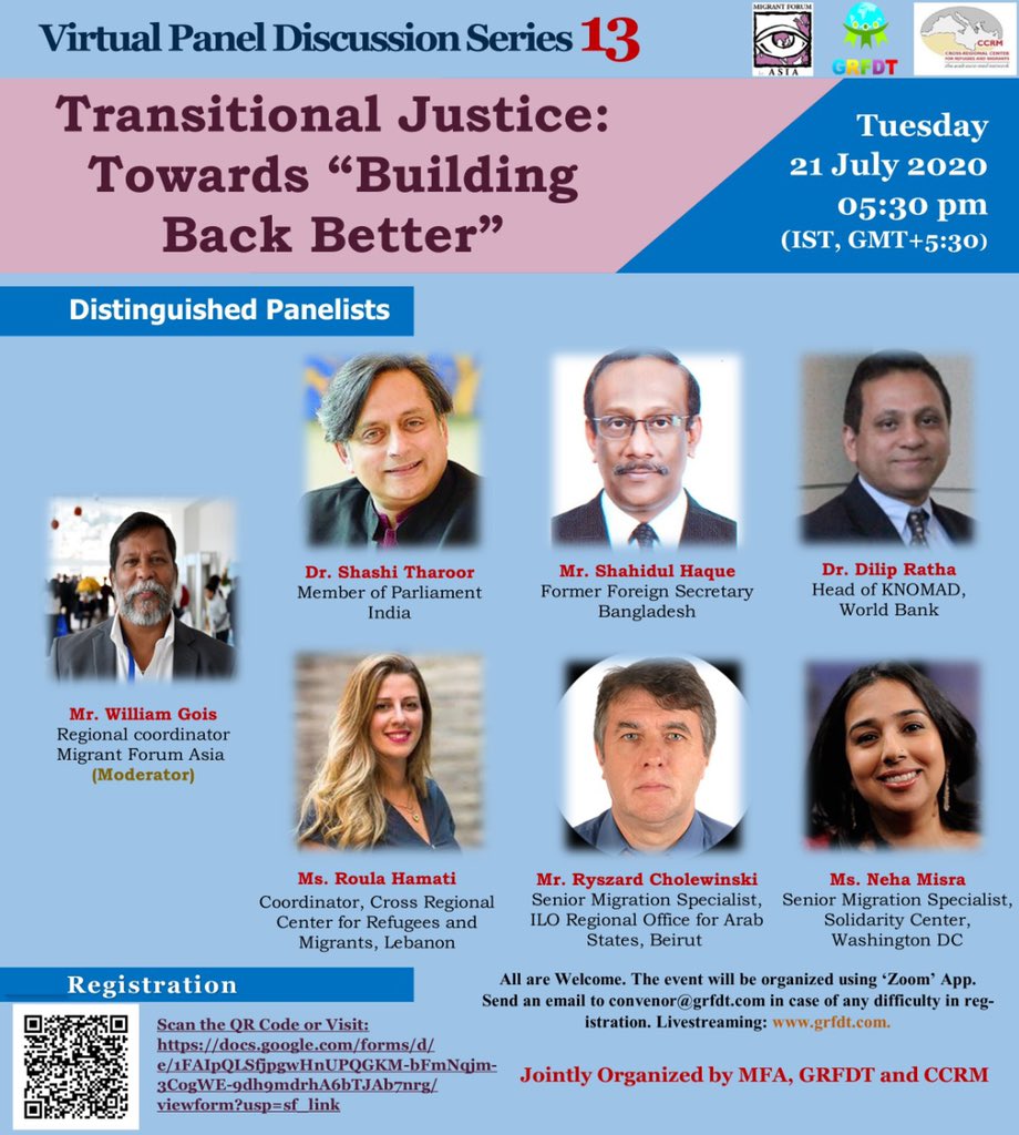 BishtMonika's tweet photo. GRFDT invites you to attend and participate in the Virtual Panel Discussion Series 13 on “Transitional Justice: Towards ‘Building Back Better’ “ on Tuesday, 21 July 2020 at 05:30 pm. @grfdt12 @ilo @sasitharoor1 @GlobalKNOMAD @migrantforum https://t.co/Mq6kO9PPnQ
