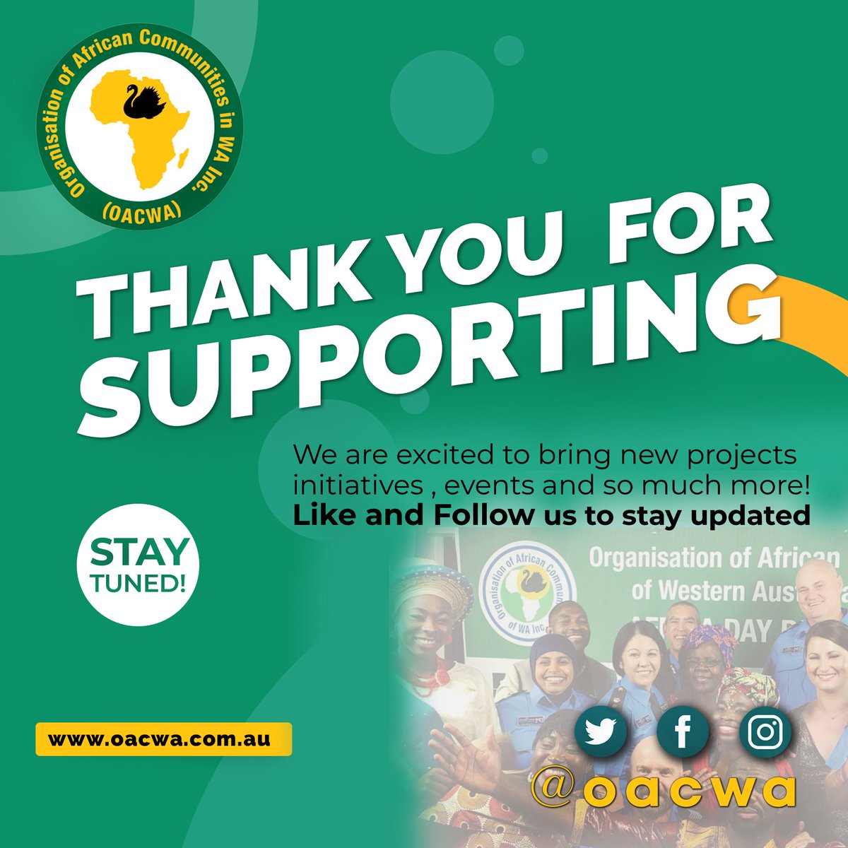oac_wa's tweet photo. A massive #thankyou all for your continuous support.๐๐ The last few months have been challenging but we're hopeful for a brighter future. Exciting times ahead! We can't wait to share & bring new projects, initiatives , events + much more! #Perth #Australia #oacwa #community https://t.co/CfcBM2s6Nu