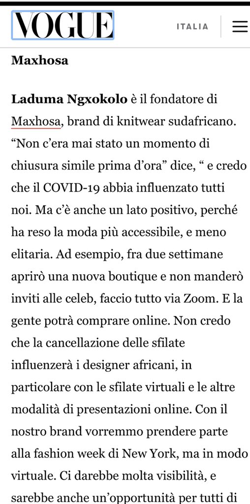 MaXhosaAfrica's tweet photo. “I think COVID-19 has affected all of us. But there is also a positive side, because it has made fashion more accessible”

- @LadumaNgxokolo during an interview with @vogue_italia about the impact of COVID-19 on fashion businessses. https://t.co/MSK9s5WbtR