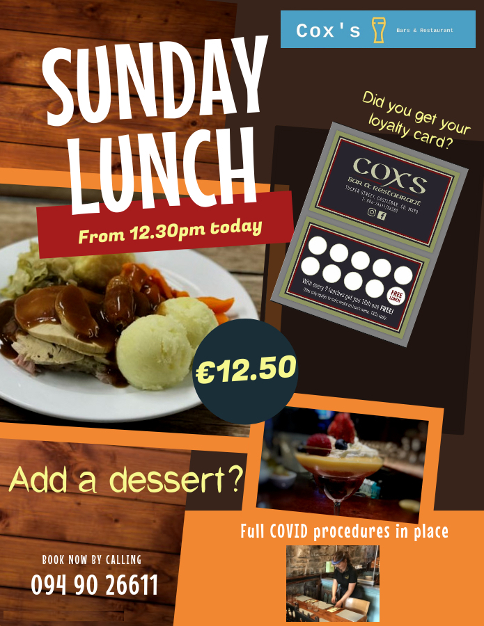 coxscastlebar's tweet photo. Open from 12.30 pm for lunch.

Call us now.  094 9026611.

 #coxs #castlebar #mayo #lunch #food #dinner #sundaylunch #foodie #yummy #delicious #sundaydinner #foodstagram #tasty #lunchtime #homemade #restaurant #eat #brunch #yum #hungry #loyalty #loyalcard #freelunch #lunchfortwo https://t.co/6FUjZ6cvTU