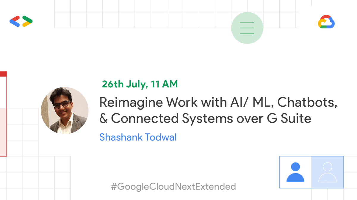 gdgnashik's tweet photo. [Online Event] 🚀

Next OnAir Extended - Week 2 (Sunday)

Reimagine Work with AI/ ML, Chatbots, &amp; Connected Systems over G Suite by Shashank Todwal

🗓️ Sun, Jul 26, 2020
⏰ 11:00 AM GMT+5:30

RSVP 👉 https://t.co/PczJ8aOenI

@GoogleDevsIN 

#GoogleCloudNextExtended #GDGWestIndia https://t.co/NYz3QifZjP