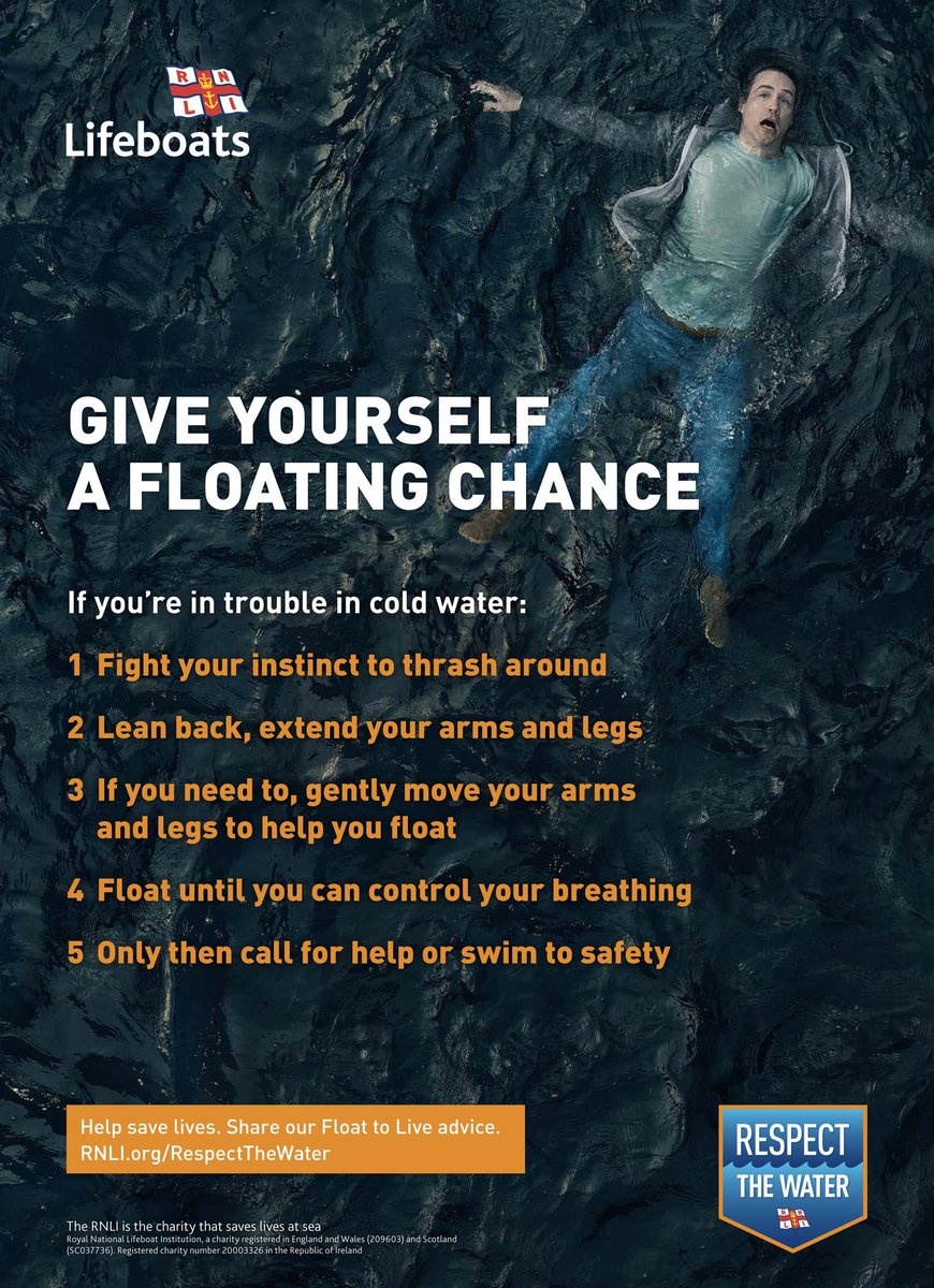 When the sun ☀️ is out comes the temptation to paddle and swim 🏊🏽‍♂️ 🌊 in open water such as rivers, lakes and the sea... but there's lots of hidden dangers! Give yourself a floating chance if you get into difficulty - spread the message about water safety - remember #FloatToLive