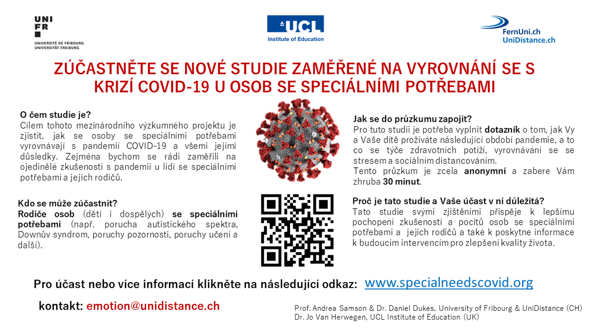 Posledních 12 dní možnost se zapojit.
Milí rodiče, co máte dítě se speciálními potřebami, dejte nám vědět, jak prožíváte celou situaci s Covid-19 
fpse.qualtrics.com/jfe/form/SV_cT…