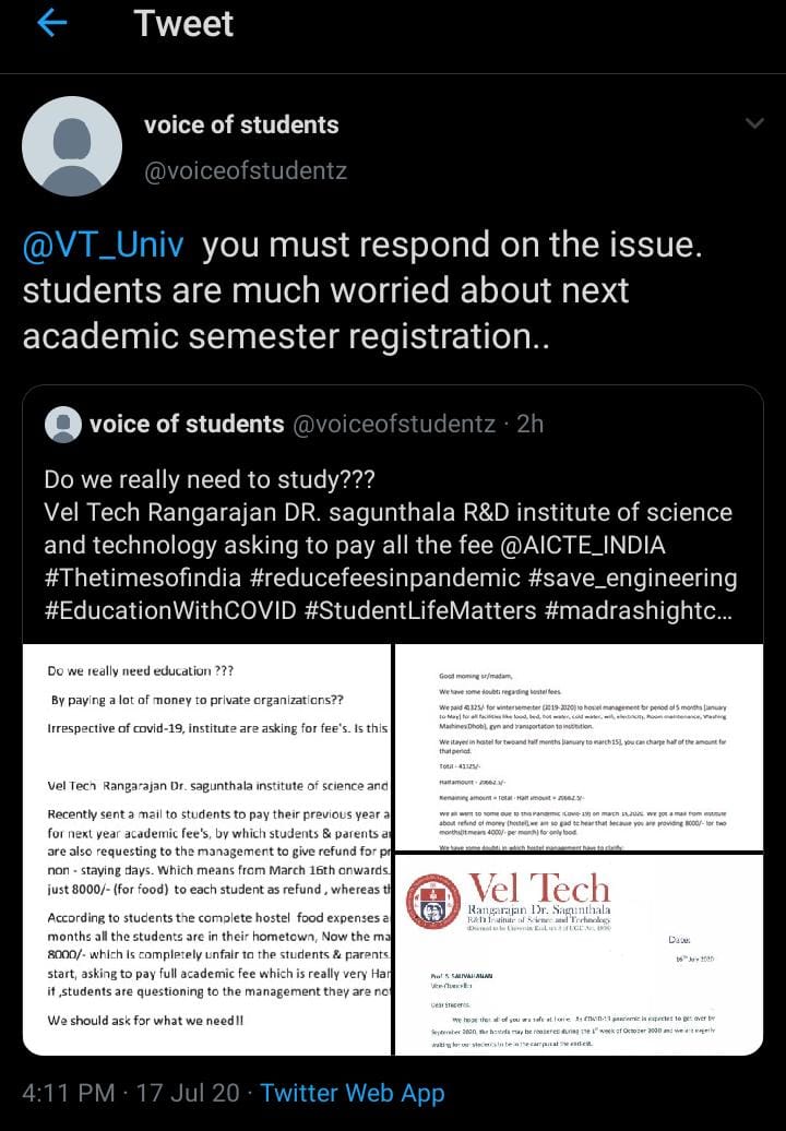 BABA021's tweet photo. #Veltech Rangarajan Dr sagunthala R &amp;D institute of science and technology,Avadi Chennai Tamil Nadu
@aajtak 
@AICTE_INDIA 
@PMOIndia 
@ugc_india 
@bbctamil 
@ms_aicte 
@HRDMinistry 
@ChennaiTimesTOI 
@News18TamilNadu 
@CMOTamilNadu 
Take action
Please save the student hostel fee. https://t.co/oIC34ElHKu