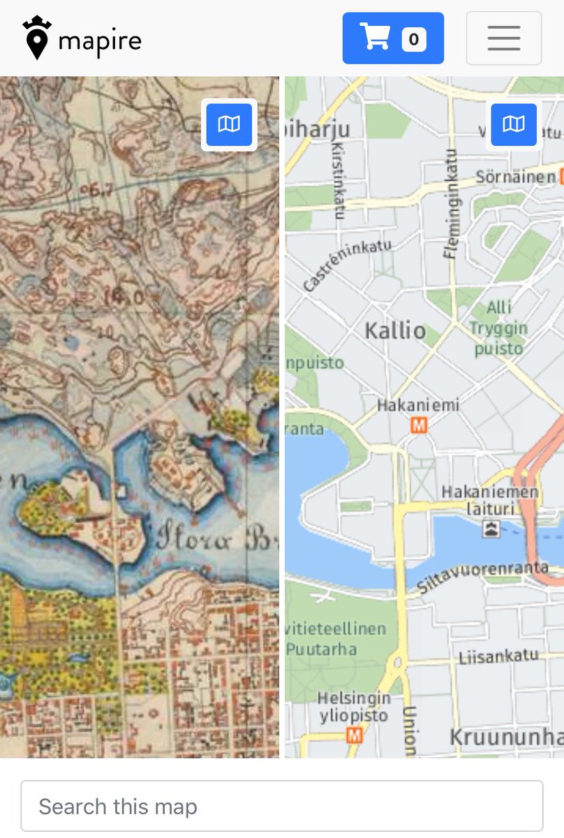 Hieno karttasovellus jossa voi verrata vanhaa ja uutta rinnakkain. 

Siltasaari oli ennen saari ja Hakaniemi oli niemi. 
mapire.eu/en/synchron/eu…