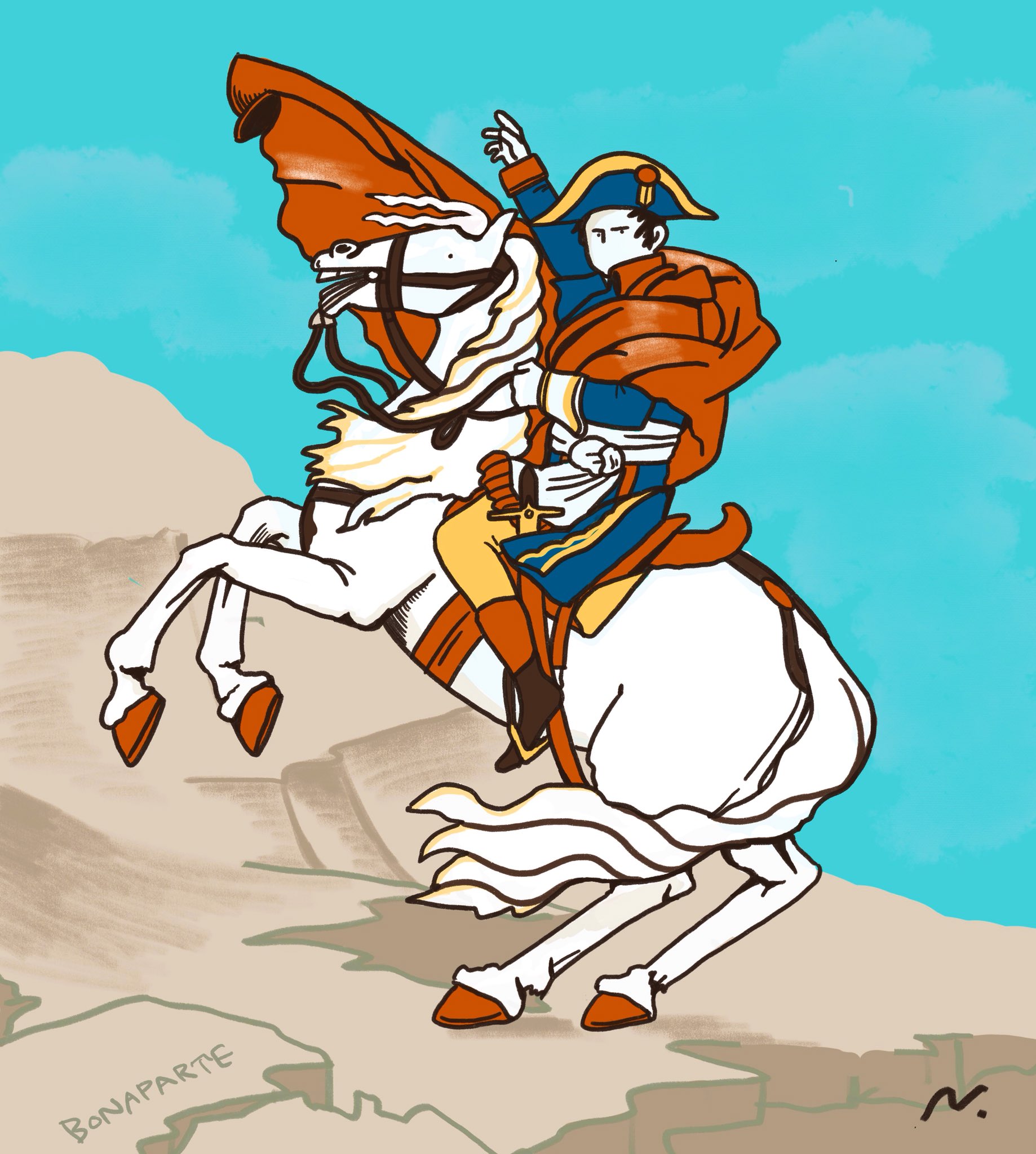 長野美里 イラストレーター イラスト100枚描いてみる 012 アルプスを越えるナポレオン フランスの皇帝ナポレオン この肖像画を制作する際 似顔絵じゃなくて人格とか才能を描いてほしいよね と言って全然座っててくれなかったらしい というわけで選挙 長野美里 イラストレーター イラスト100枚描いてみる 012 アルプスを越えるナポレオン フランスの皇帝ナポレオン この肖像画を制作する際 似顔絵じゃなくて人格とか才能を描いてほしいよね と言って全然座っててくれなかったらしい というわけで選挙