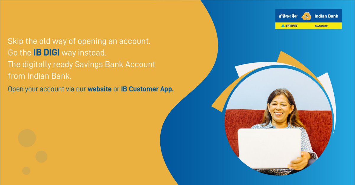 MyIndianBank's tweet photo. Need to open a savings bank account? Make it super easy with Indian Bank's IB DIGI! Simply log on to our Website or the IB Customer App! Few clicks and your account is ready! https://t.co/gkHKAFwXnI.
#IndianBank #TwiceAsGood #IBDigi https://t.co/2uDg0Esp9e