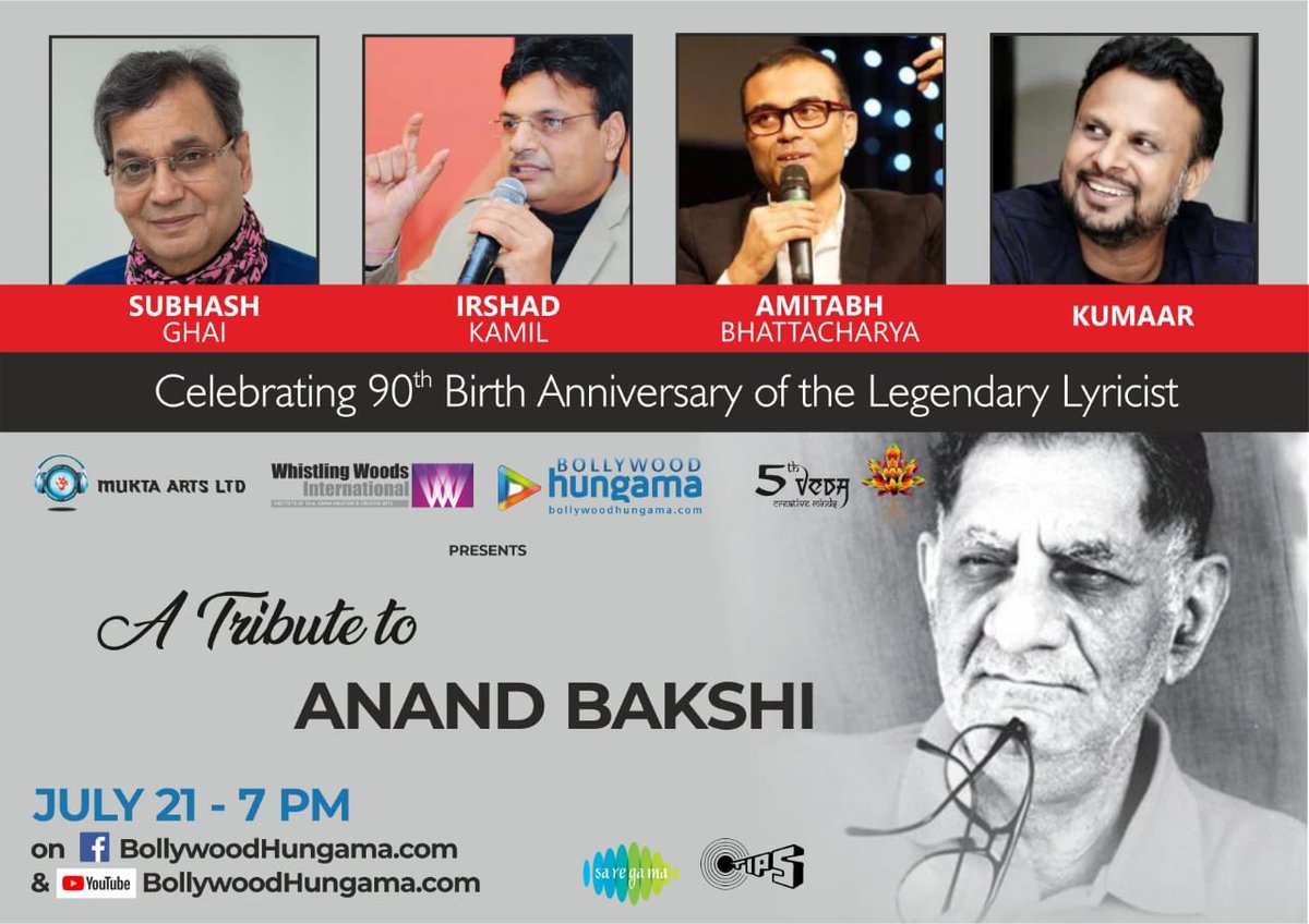 KomalNahta's tweet photo. Never before 
Three  master lyricists talk on power of lyrics penned by ANAND BAKSHI who wrote 3000 songs in 635 films n became a golden page in hindi cinema 
@Whistling_Woods International is proud to pay its tribute to ANAND BAKSHI on zoom webinar with these three masters. https://t.co/Rj0uwRAfTo