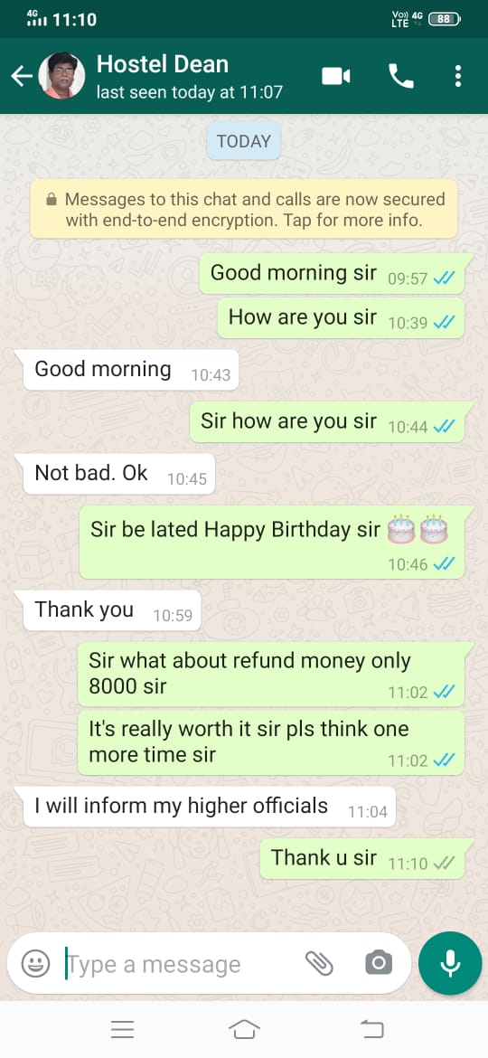 BABA021's tweet photo. #veltech University
College r refunding only Rs.8000 for 76days for non staying period in hostel. They are saying it is only for food but what about water, electricity, maintenance bill and medical insurance
Really unfair
@voiceofstudentz
@AICTE_INDIA 
@ugc_india 
@HRDMinistry https://t.co/bAsydqCTD1