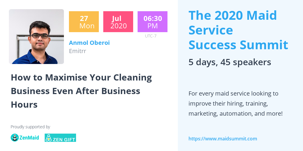 We'll be speaking at this years #maidsummit online event with 49 other speakers, It's all happening online from July 27th - 31st. Registration is free. If you are a maid service business, register using this link: maidsummit.com

<a href="/ZenMaid/">ZenMaid Software</a> 

#maidservice