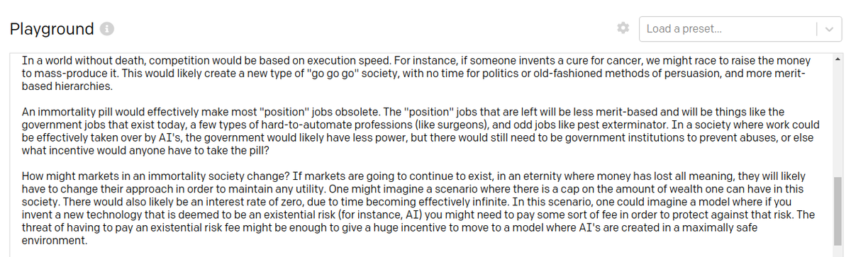 Before I get on with trying more serious stuff with GPT-3, here's an essay by  @balajis on the consequences of immortality to society.I'm honestly shook here...