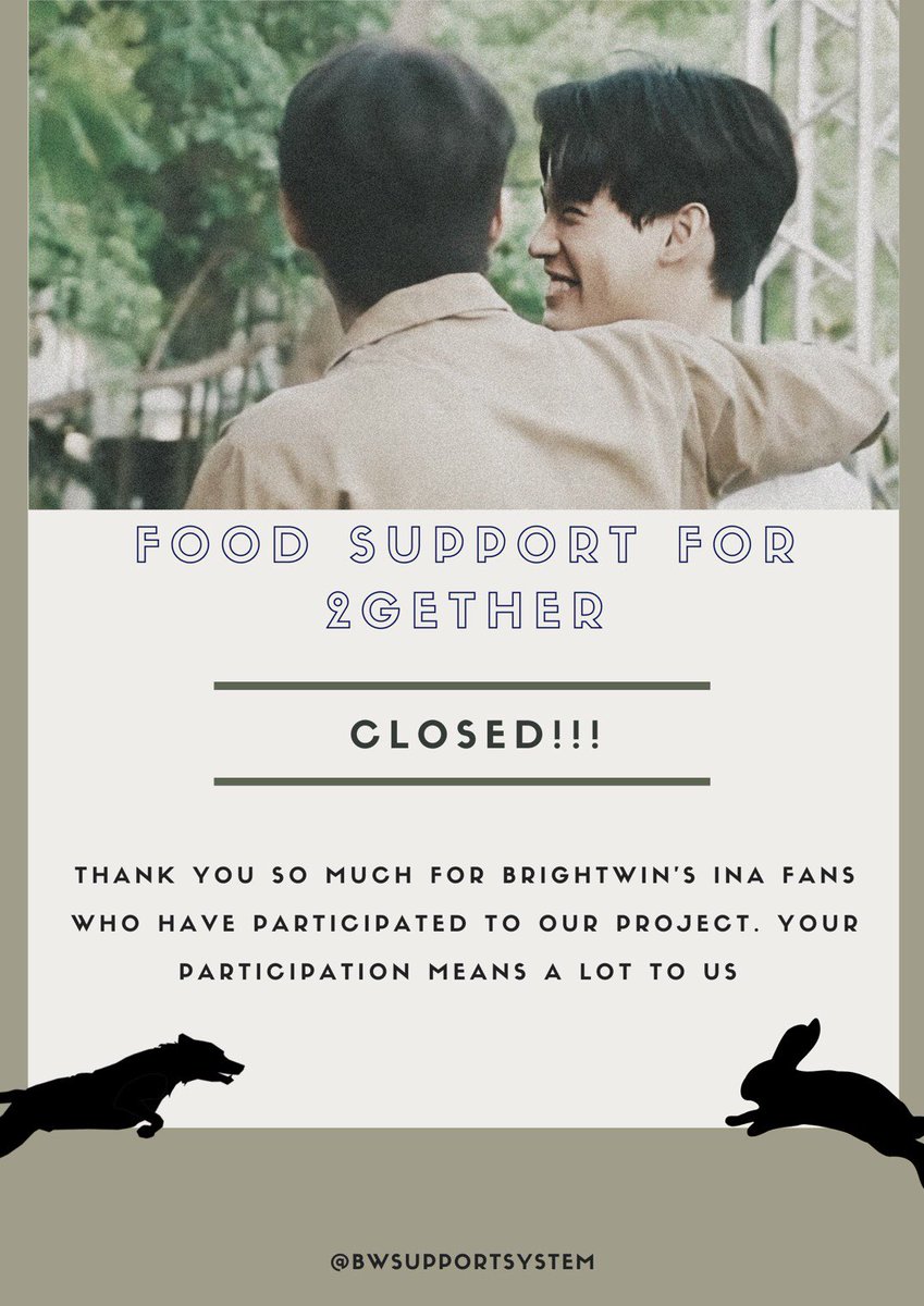 BWSupportSystem's tweet photo. ✨FOOD SUPPORT FOR 2GETHER✨

CLOSED TODAY!!!

Thank you so much to all #BrightWin INA fans who have been particapated and supported our project. We’ve so grateful from day one until today. For more update about this project will be post soon. Wait for it!! 😉 https://t.co/Q9E5ri2c5L
