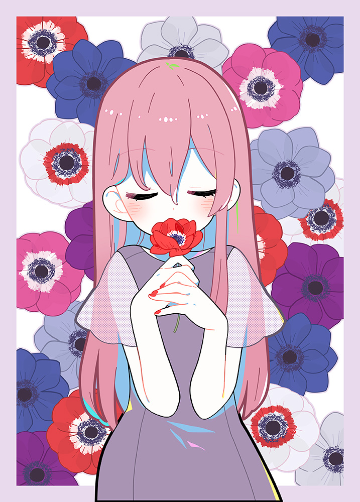 1girl flower solo closed eyes pink hair long hair red flower  illustration images