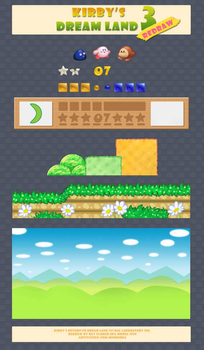 RayFlamer's tweet image. Попробовала в начале лета перерисовать интерфейс из любимого Kirby =3 #kirby #DreamLand3 #Kirby #Redraw