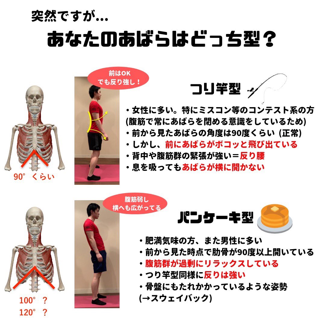 坂野晃太 オンライン栄養コンサルkalin A Twitter 反り腰で脚だけ痩せない人は 肋骨の開き を改善すべき すると 体重を脚の筋肉でなく 骨 で支えられるようになる 反り腰さんは前に肋骨が開いているが 横には開いていない 前ばかり開くと くびれは無くなり