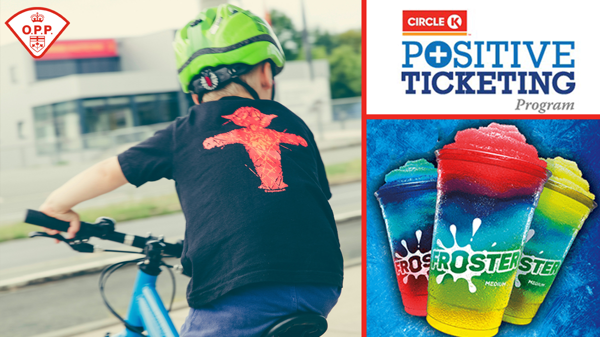 OPP_News's tweet photo. Thanks to @CircleKOntario, Positive Ticketing Program is back again this summer. From wearing a helmet to picking up trash, #OPP officers will be giving out "Positive Tickets" to youth. Do a good deed, keep safety in mind and you could earn a free Froster! https://t.co/QRdJeajQuj