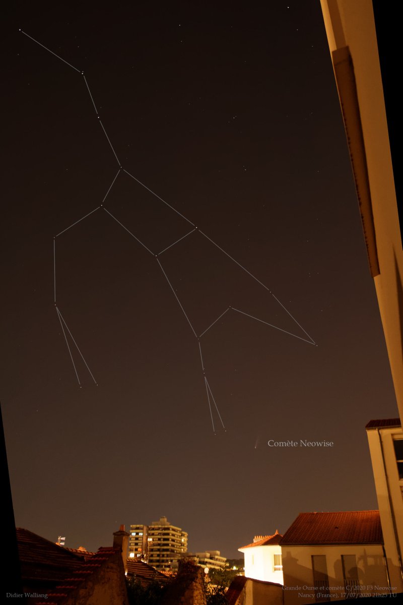 astrochoupe's tweet photo. La comète #Neowise est maintenant mieux visible le soir que le matin. Plus aucune raison de ne pas profiter du spectacle, même en ville. Ici une image faite à Nancy le 17 juillet à 23h25, direction nord-nord-ouest. Vous reconnaîtrez la Grande ourse. https://t.co/6MYERGGIc0