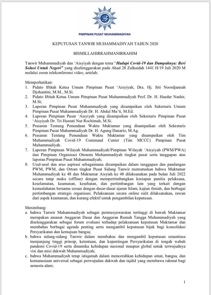 Keputusan Tanwir Muhammadiyah Tahun 2020.