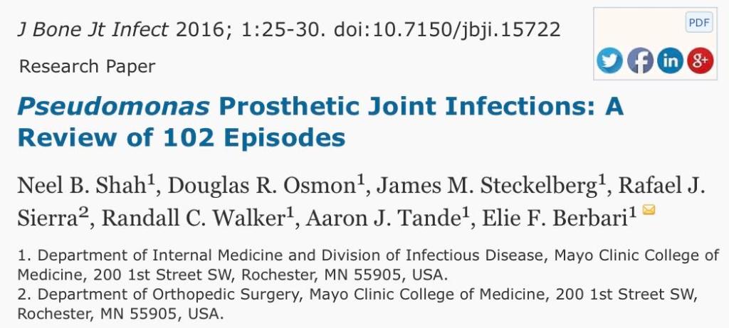 MayoClinicINFD's tweet photo. #ScholarlySunday

Highlighting our academic #OrthoID practice

This paper, written by @IDNerd007 when he was our fellow, reports on outcomes of 102 #prostheticjointinfections #PJI due to #Pseudomonas aeruginosa

#MayoIDQ MCQ to follow...

https://t.co/PRGcHiU65Z https://t.co/UCMFdlKLVp