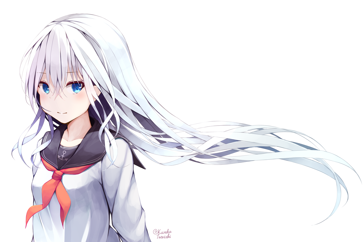 hibiki (kancolle) 1girl solo long hair blue eyes school uniform white background white hair  illustration images