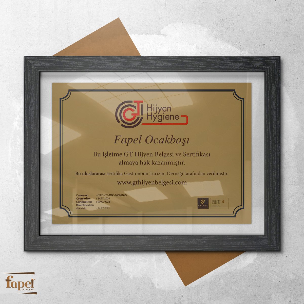 ffapelocakbasi's tweet photo. Fapel Ocakbaşı, Gastronomi Turizmi Derneği tarafından belirlenen hijyen standartlarına tam uyumluluk sağlayarak GT Hijyen Sertifikası almaya hak kazandı. 

Misafirlerimizi lezzetlerimizle sağlıklı bir ortamda buluşturmak için çalışmalarımızı sürdürmeye devam edeceğiz. https://t.co/sJ8xh4Vi8p