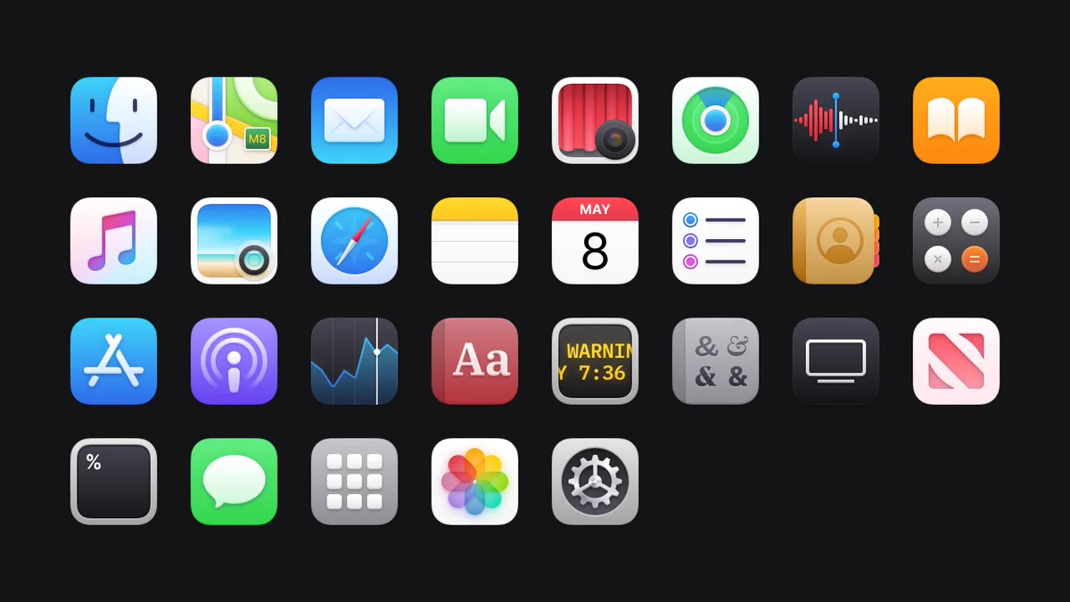 A grid of macOS application icons, designed to be a fresh yet familiar take on the Mac’s renewed iconography.