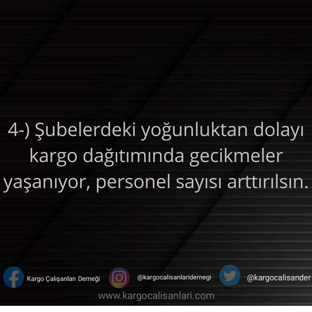 kargocalisander's tweet photo. 4-) Şubelerdeki yoğunluktan dolayı kargo dağıtımında gecikmeler yaşanıyor, personel sayısı arttırılsın.
...
#pazar #Covid_19 #kargo #kargoçalışanlarıderneği #kurye #işçihakları #işçi #emekçi #araskargo #pttkargo #yurtiçikargo #mngkargo #süratkargo #Ankara #İstanbul #izmir #bursa https://t.co/6tVBfYvFSR