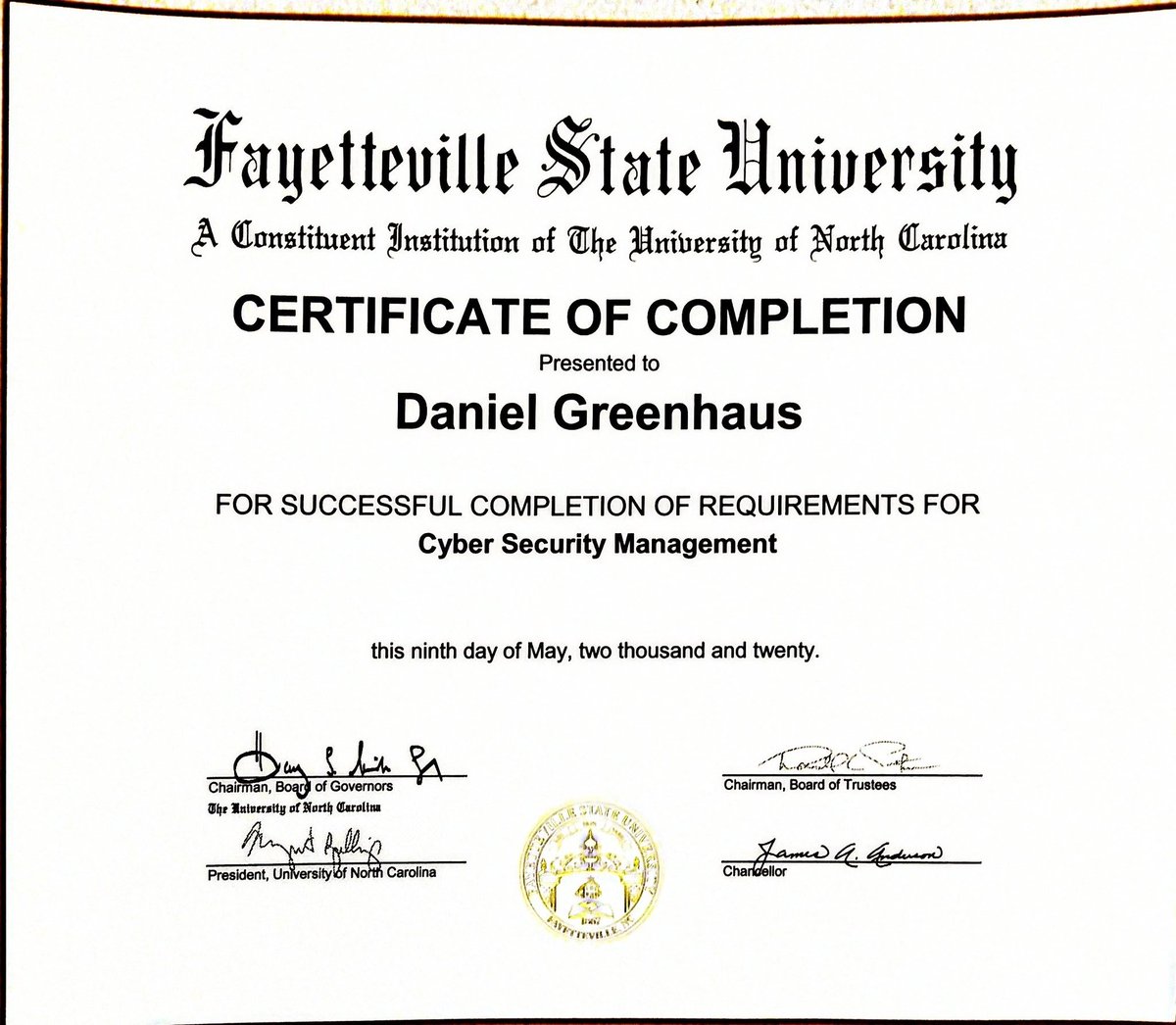 ESECtrainingDan's tweet photo. #COVID19 might have delayed me receiving it, but my #cybersecurity management #graduate #certificate from @uncfsu finally arrived in the mail!

 #Infomationtechnology #infosec #informationsecurity #education https://t.co/L9BXoHISFV