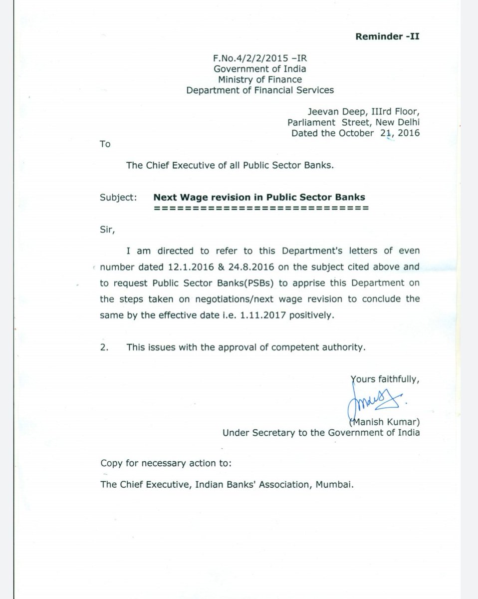 Bankers_United's tweet photo. Aug2016
Oct2016
Dec2016
Three times @DFS_India send reminder to Indian Bank Association to start the Wage Negotiations Talks for PSB Bankers &amp; conclude it before due date (1.11.2017). Talk about inefficiency of Indian Banks Association (An NGO) took #991Days &amp; its still pending!! https://t.co/NQQLN9fkTO