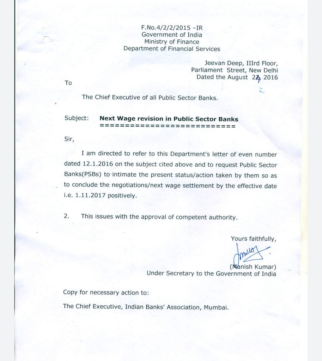 Bankers_United's tweet photo. Aug2016
Oct2016
Dec2016
Three times @DFS_India send reminder to Indian Bank Association to start the Wage Negotiations Talks for PSB Bankers &amp; conclude it before due date (1.11.2017). Talk about inefficiency of Indian Banks Association (An NGO) took #991Days &amp; its still pending!! https://t.co/NQQLN9fkTO