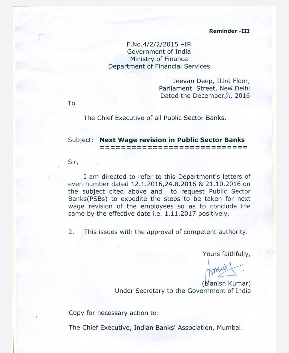 Bankers_United's tweet photo. Aug2016
Oct2016
Dec2016
Three times @DFS_India send reminder to Indian Bank Association to start the Wage Negotiations Talks for PSB Bankers &amp; conclude it before due date (1.11.2017). Talk about inefficiency of Indian Banks Association (An NGO) took #991Days &amp; its still pending!! https://t.co/NQQLN9fkTO